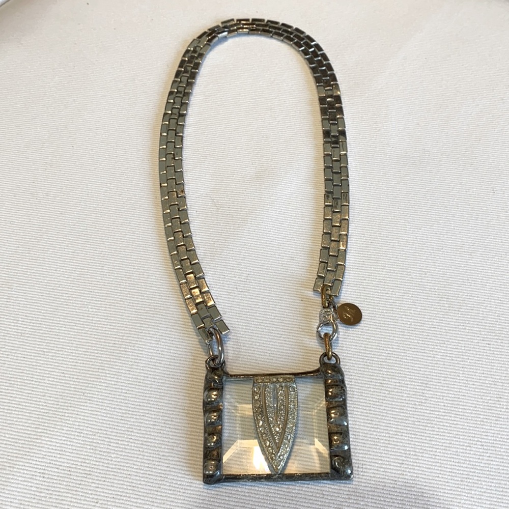 Silver necklace, pendant is glass with clear stones